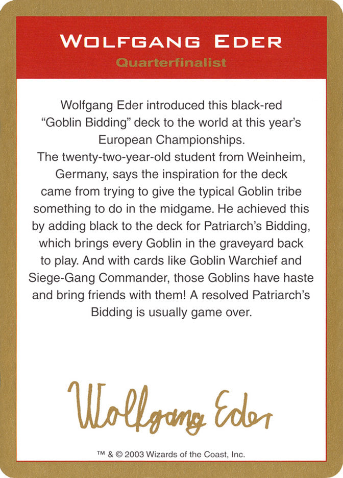 Wolfgang Eder Bio [World Championship Decks 2003] | Rook's Games and More