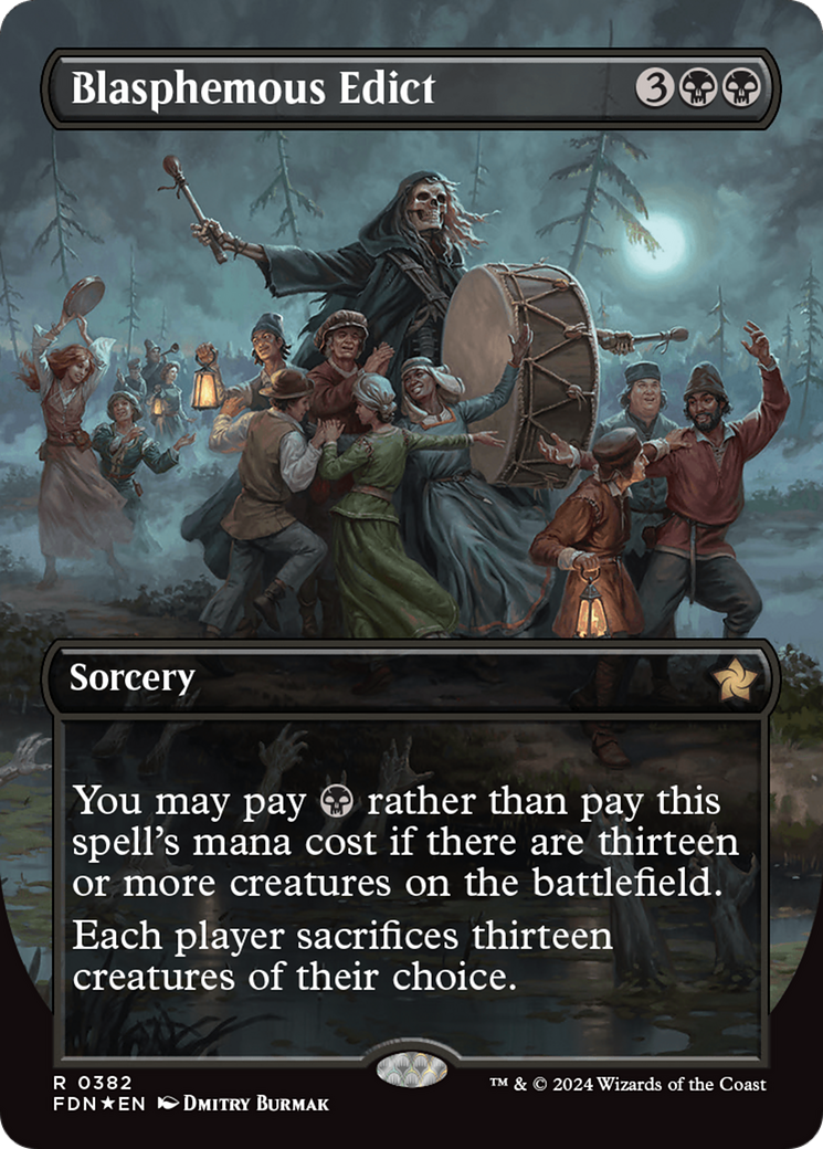 Blasphemous Edict (Borderless) (Mana Foil) [Foundations] | Rook's Games and More