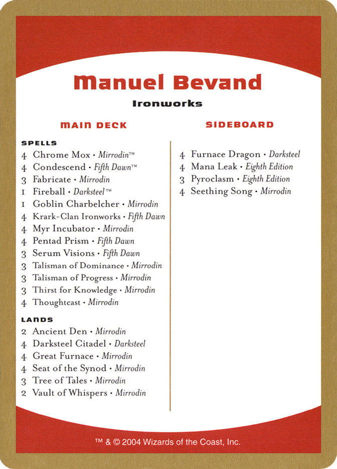 Manuel Bevand Decklist [World Championship Decks 2004] | Rook's Games and More