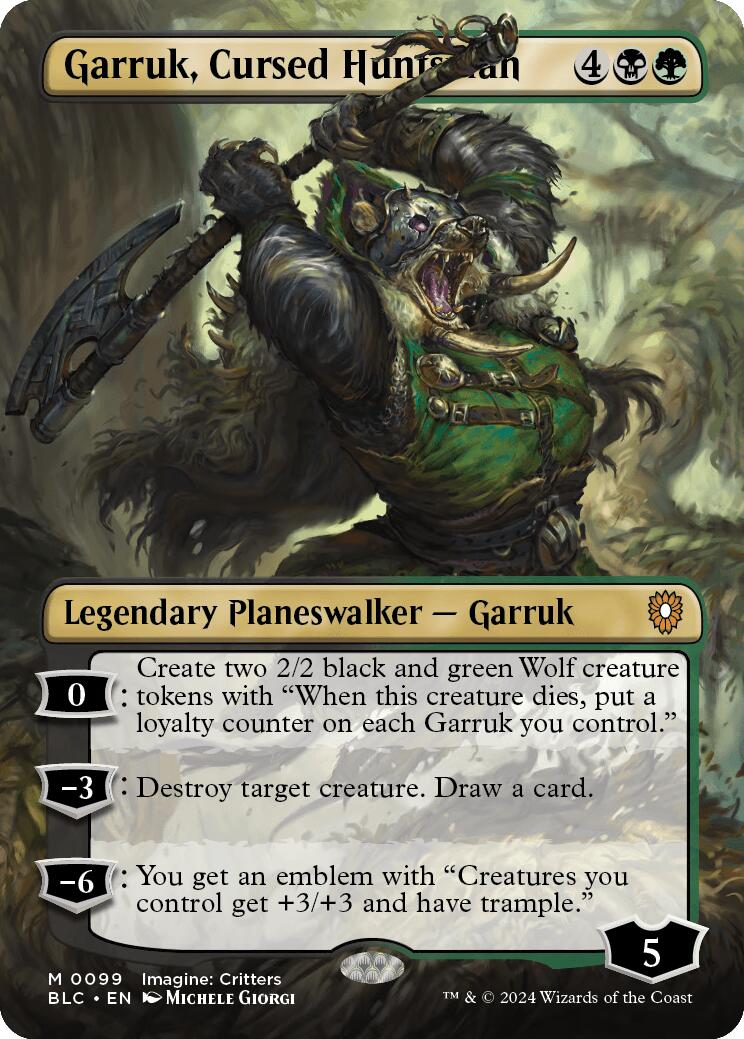 Garruk, Cursed Huntsman (Borderless) [Bloomburrow Commander] | Rook's Games and More