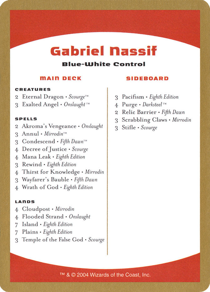 Gabriel Nassif Decklist [World Championship Decks 2004] | Rook's Games and More