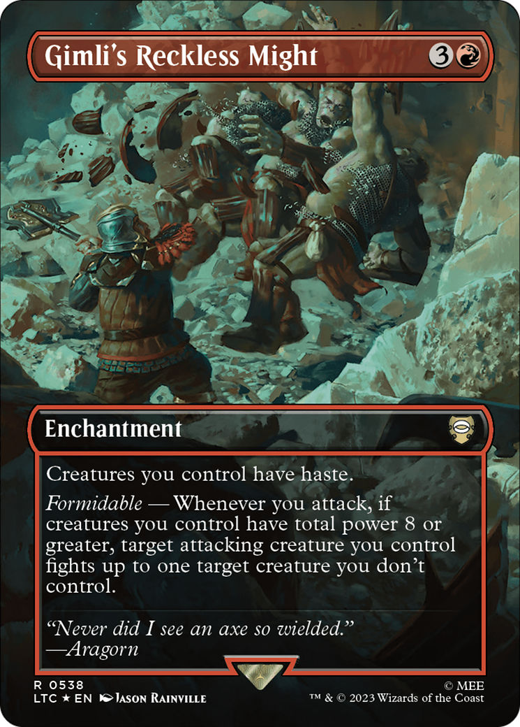 Gimli's Reckless Might (Borderless) (Surge Foil) [The Lord of the Rings: Tales of Middle-Earth Commander] | Rook's Games and More