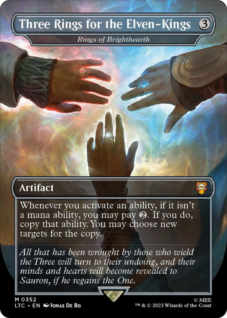 Three Rings for the Elven-Kings - Rings of Brighthearth (Borderless) (Surge Foil) [The Lord of the Rings: Tales of Middle-Earth Commander] | Rook's Games and More