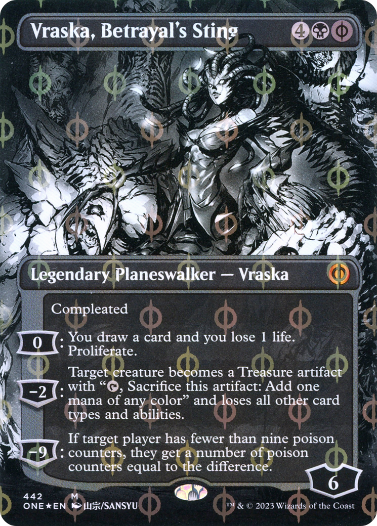 Vraska, Betrayal's Sting (Borderless Manga Step-and-Compleat Foil) [Phyrexia: All Will Be One] | Rook's Games and More