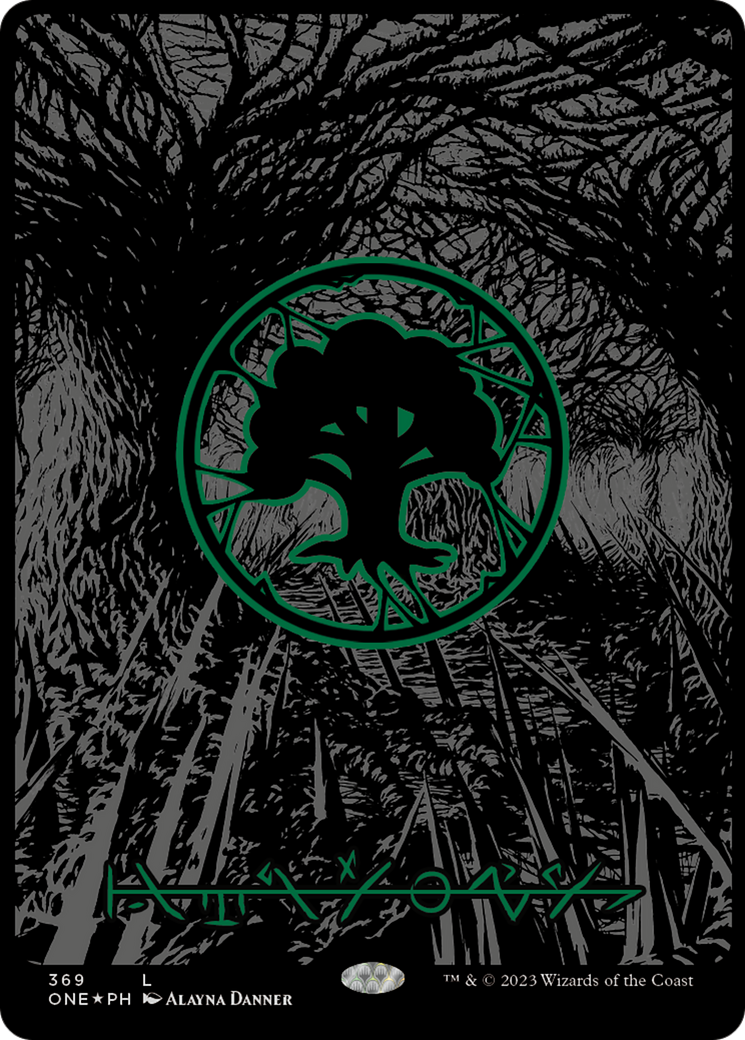 Forest (369) (Oil Slick Raised Foil) [Phyrexia: All Will Be One] | Rook's Games and More