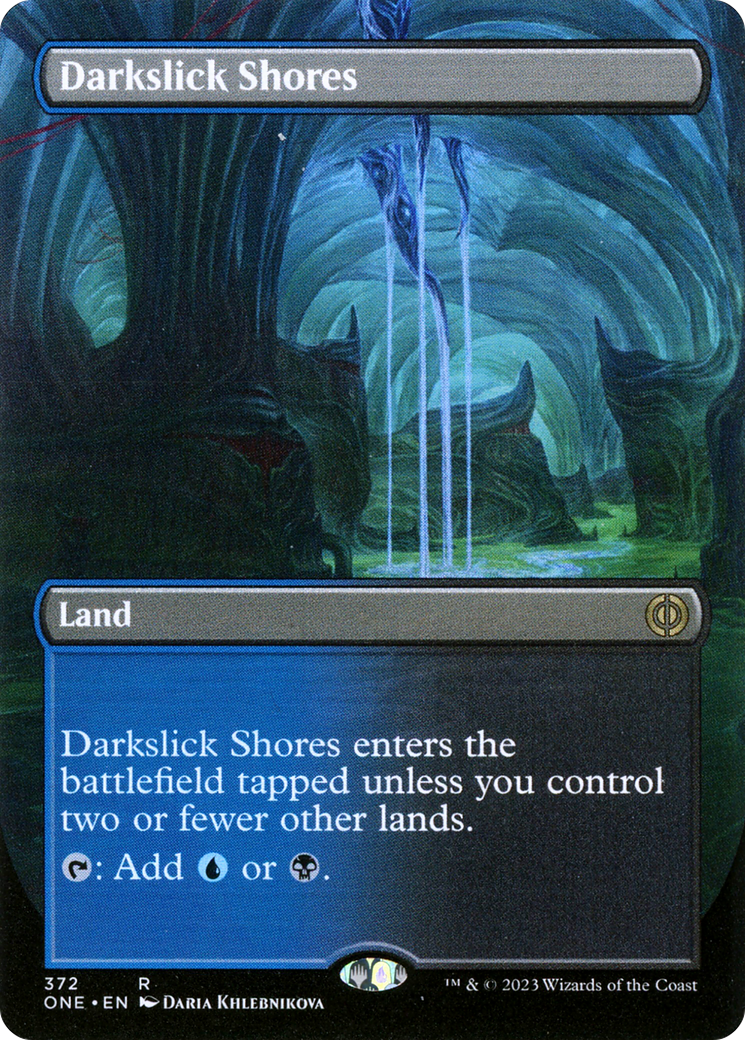 Darkslick Shores (Borderless Alternate Art) [Phyrexia: All Will Be One] | Rook's Games and More