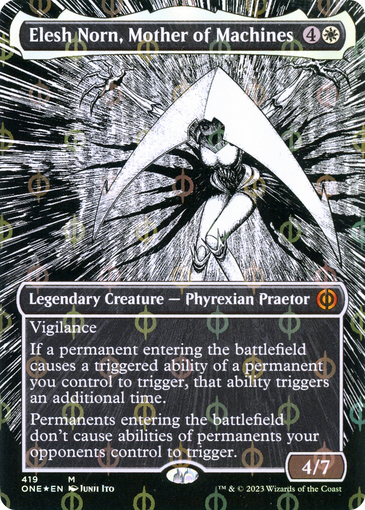 Elesh Norn, Mother of Machines (Borderless Manga Step-and-Compleat Foil) [Phyrexia: All Will Be One] | Rook's Games and More