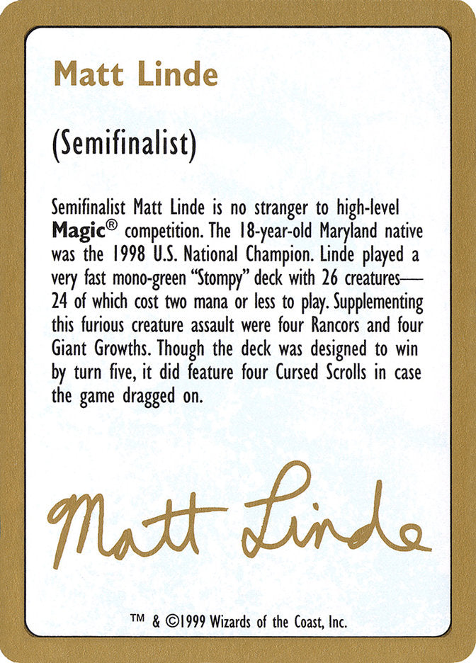 Matt Linde Bio [World Championship Decks 1999] | Rook's Games and More